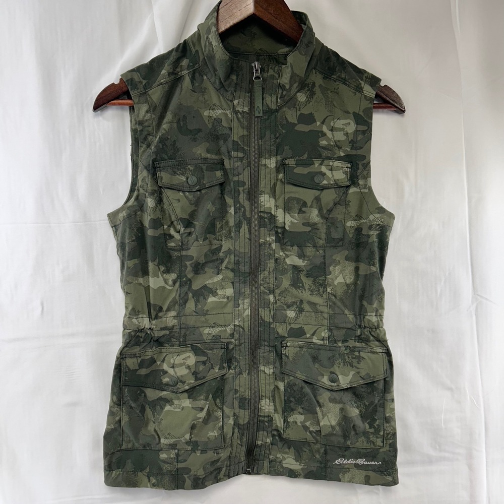 Eddie Bauer Travex Vest Womens XS Green Camo Full Zip Utility Adjustable Waist